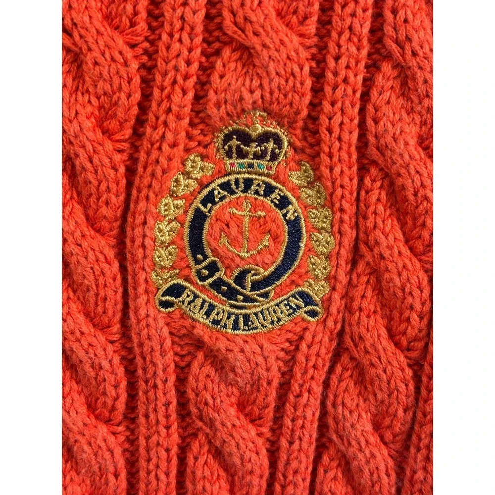 Lauren Ralph Lauren Orange Cable‎ Knit Crest Sweater Medium Cotton Long Sleeve